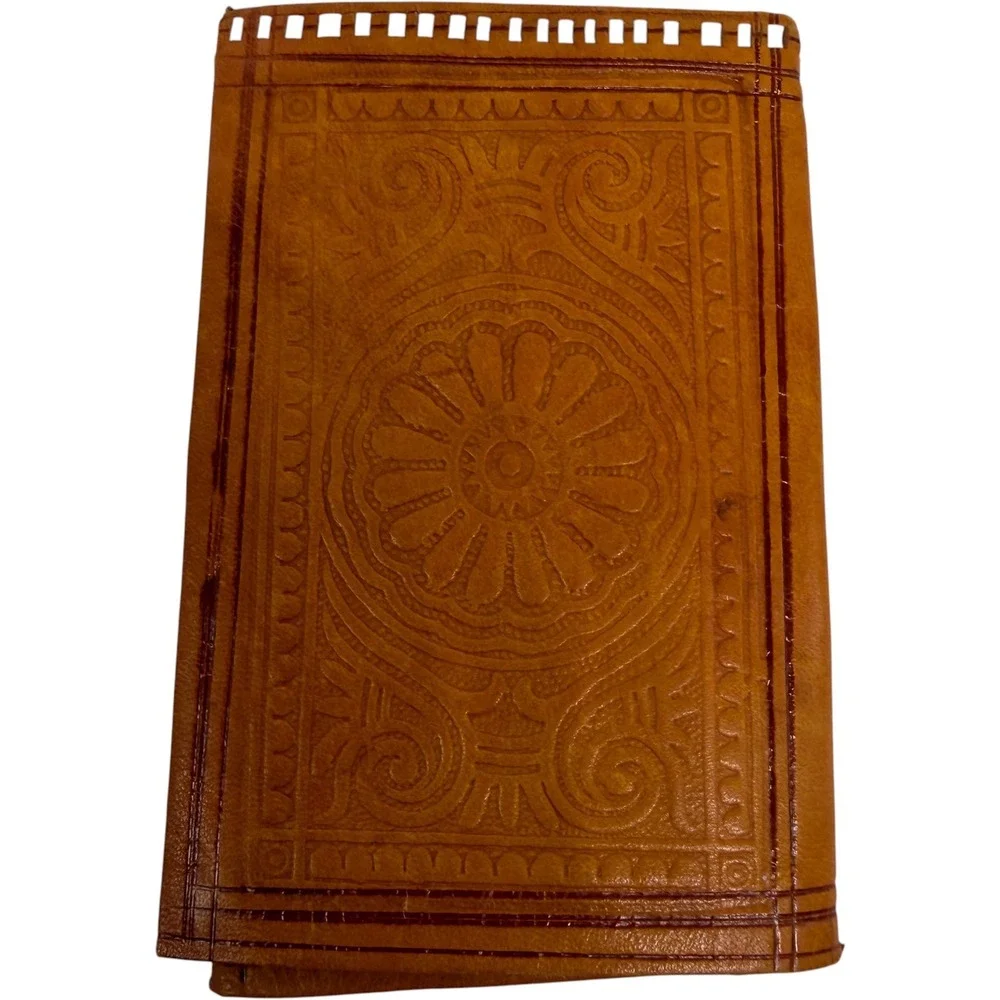 Vintage Hand Tooled Leather Wallet Tan Boho Floral Embossed Whipstitch Good